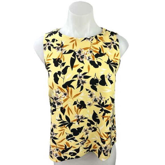 Mango Yellow Black Floral Print Sleeveless Keyhole Back Tank Top Blouse Size XS - Picture 1 of 3